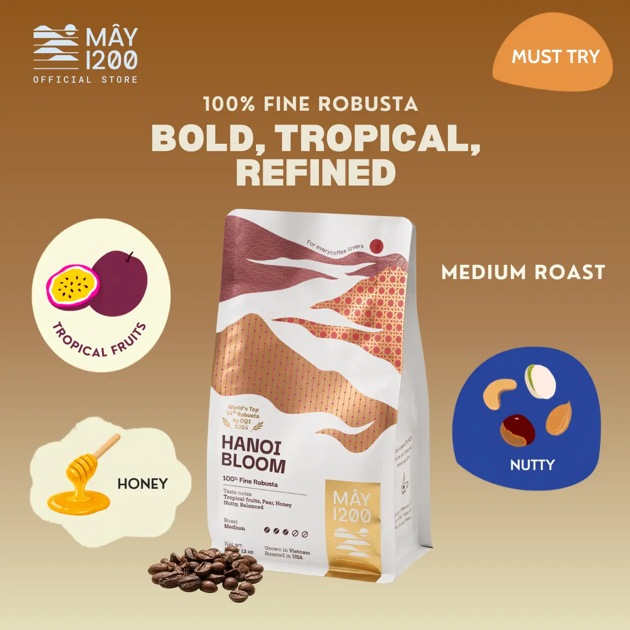 Hanoi Bloom | Bold,Tropical,Refined | Vietnamese coffee | 100% Fine Robusta | Medium Roast | High Caffeine, Low Acidity