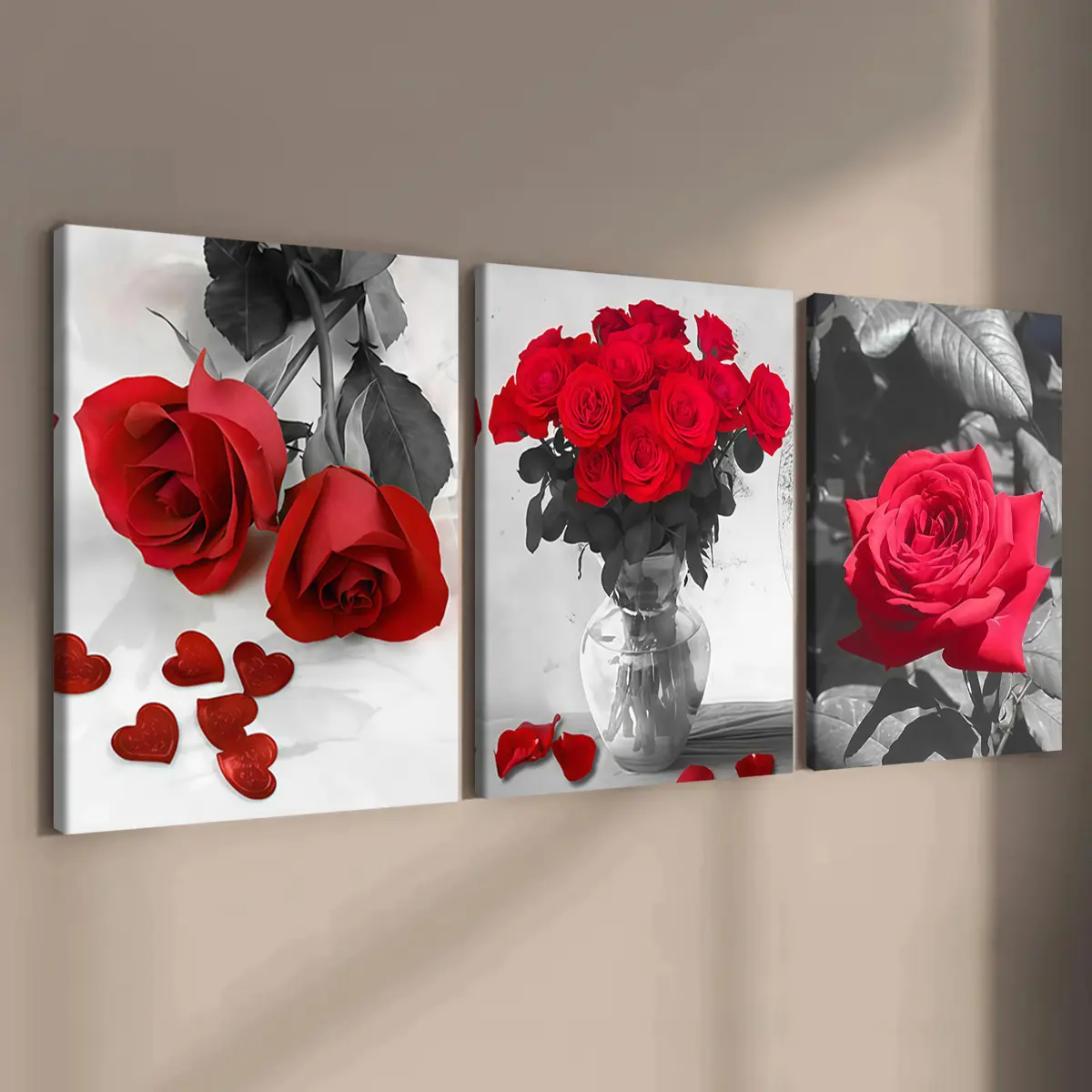 3-count wooden frame canvas prints, black and white background with red rose decoration, romantic poster Valentine's Day decoration, home wall decor, Art Work For Wall Decor, gift, waterproof art