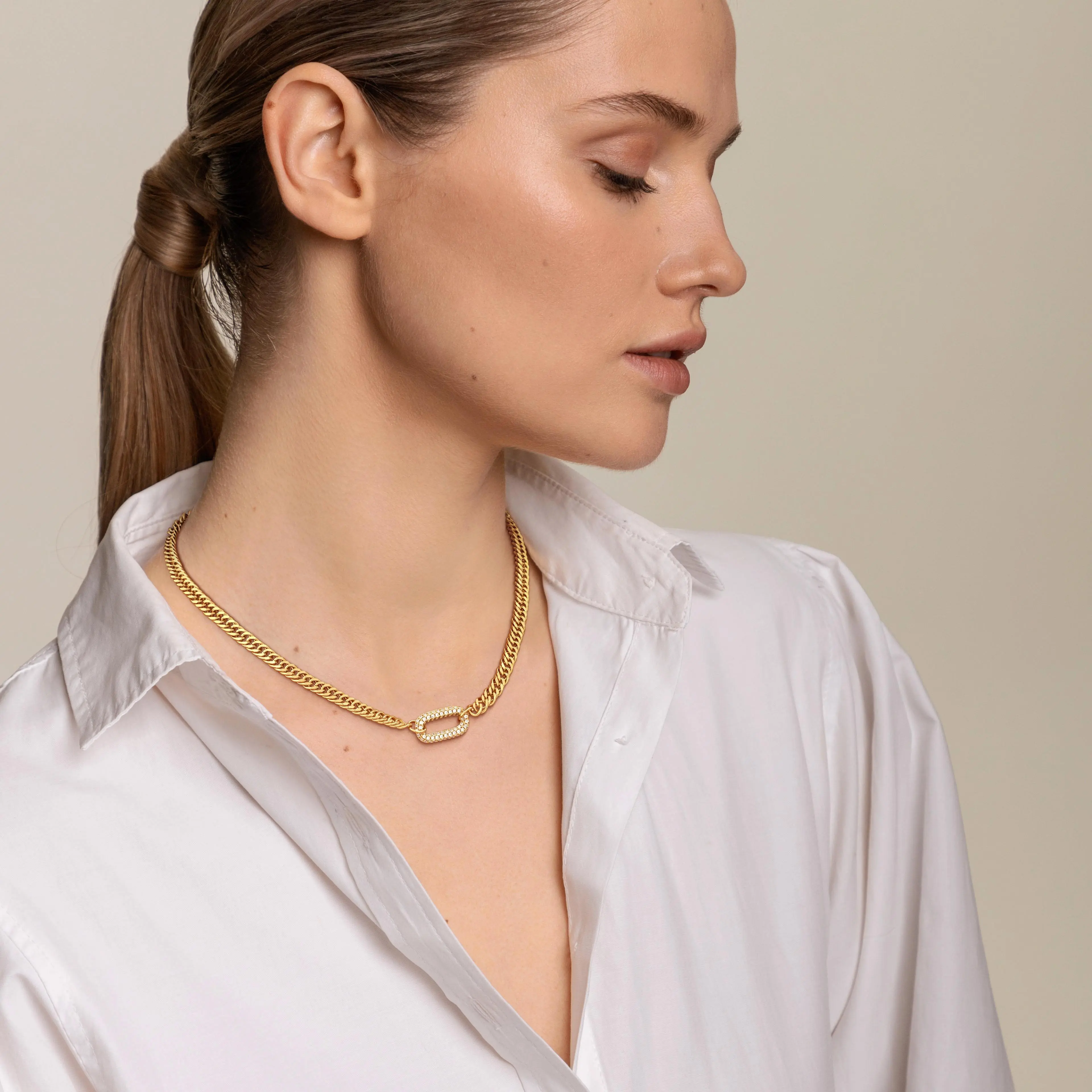 LOYALOVE Cuban Link Necklace for Women, Pave CZ Oval Link Chunky Stainless Steel Chain, 16"+2" Adjustable Statement Jewelry, Gold/Silver