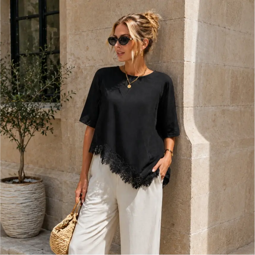 Elengatine Women's Minimalist, Lightweight, Breathable, Loose-Fit T-Shirt—short sleeves, crew neck, stretch fabric, soft, loose fit, feminine lace hem; a versatile streetwear piece for everyday wear and lounging at home. #summerwins, #summeroutfits