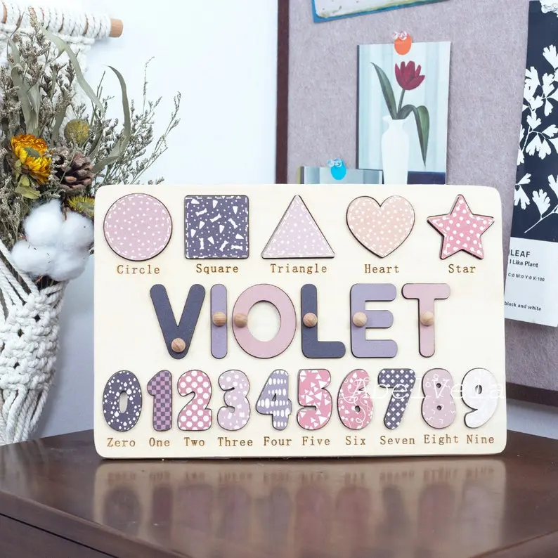Personalized Educational Name Puzzle, Wooden Busy Board with Shapes and 0-9 Numbers, Baby Birthday Gift, Gift, Nursery Decoration(Please message us for your personalization)