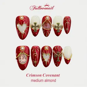 Fullovenail Medium Almond 10 PCS Crimson Covenant Handmade Press on Nail REUSABLE 3D Gel Fake Nails Acylic Press on Nail/Christmas Autumn Fall Winter Peret 2025