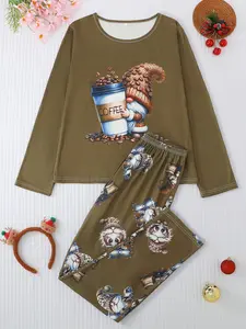 Women's 2-Piece Pajama Set, Casual Round Neck Long Sleeve Top & Elastic Pants, Cartoon Print, All-Season Comfortable Sleepwear