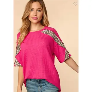 Nina - Hot Pink and Leopard Waffle Knit Top