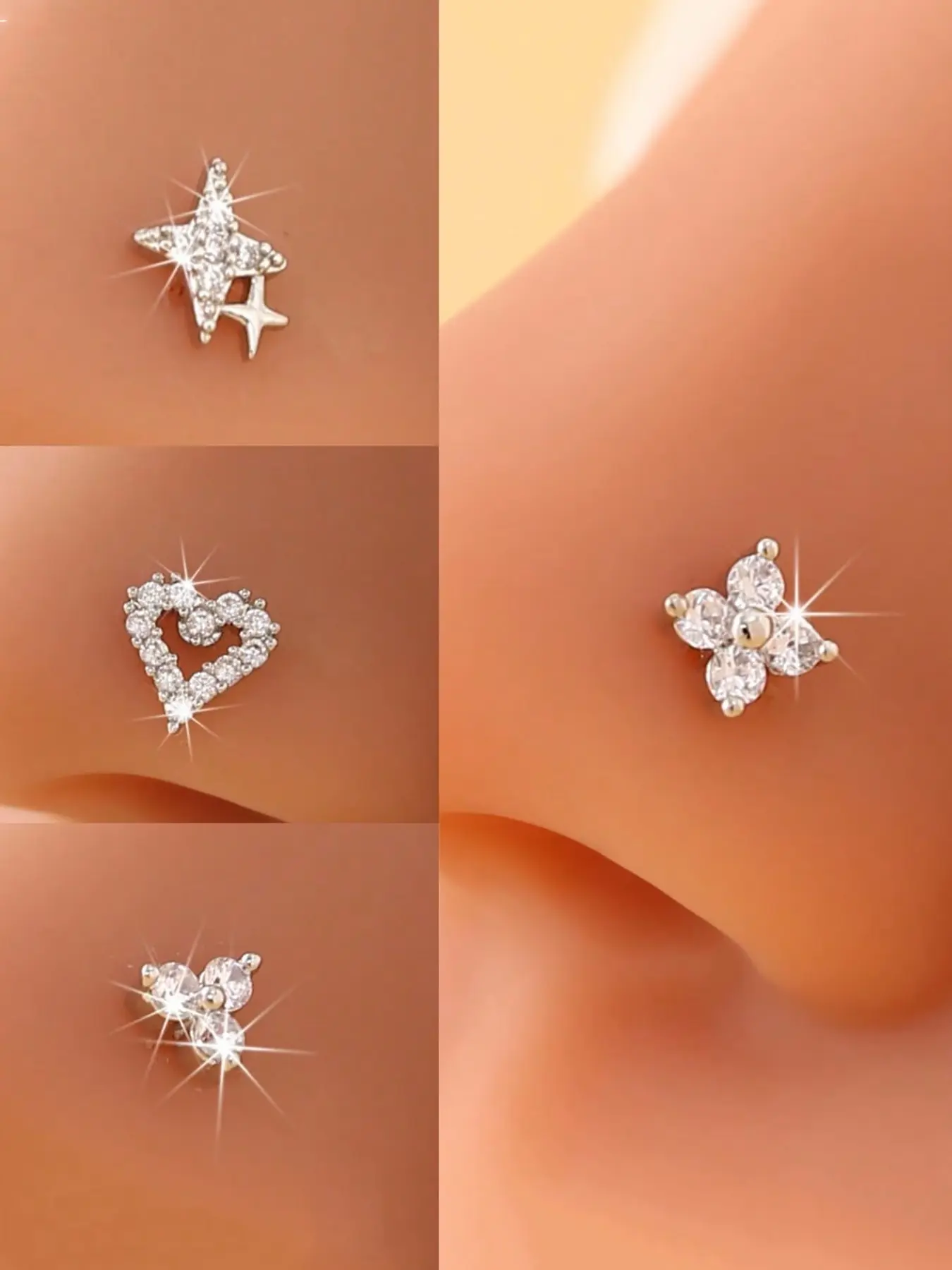 4pcs Heart, Star, Clover Nose Studs with Synthetic Zirconia, Sparkling Finish, Casual Stainless Steel Piercing Jewelry, High Quality Jewelry, Ideal for Daily Wear, All Seasons and Gifts