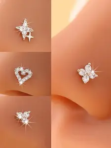 4pcs Heart, Star, Clover Nose Studs with Synthetic Zirconia, Casual Stainless Steel Piercing Jewelry, Ideal for Daily Wear and Gifts