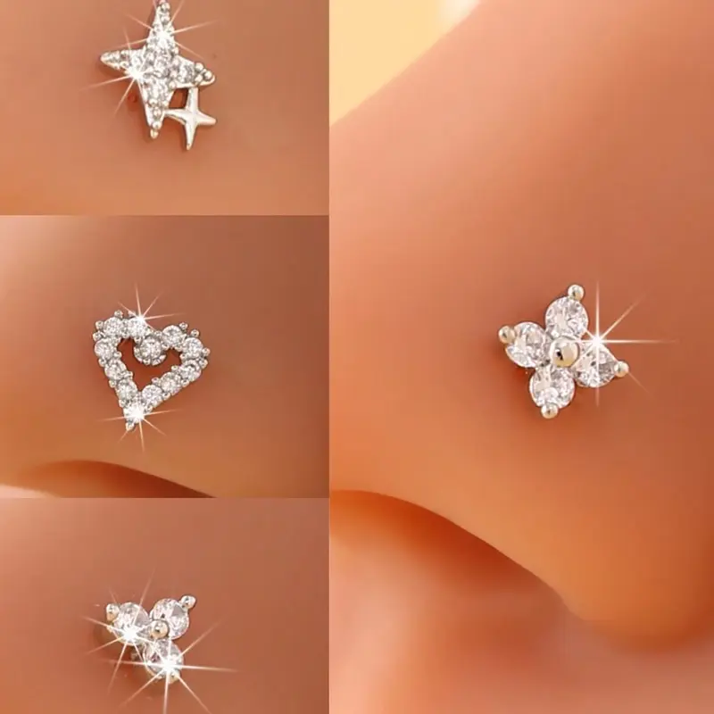 4 Pairs of Heart, Star and Clover Nose Rings Studs with Synthetic Zirconia, Sparkling Finish, Casual High Quality Stainless Steel Piercing Jewelry, Ideal for Daily Wear, All Seasons