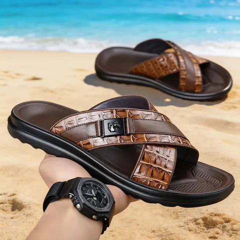 Men's Water-Resistant Criss-Cross Reptile-Embossed Vegan Leather Sandals - 1 Pair Footwear Shoe with Open Toe, Ankle Design, Built-In Massage Texture, Flexible, Anti-Slip, Peel-Resistant for Beach & Daily Walking