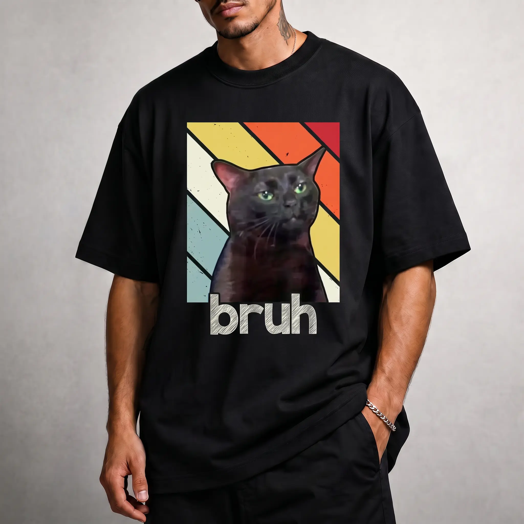 Men's Classic Short-Sleeve Soft Round Neck Graphic T-Shirt - Bruh Black Cat Retro Color Block, Gen Z Funny Meme, Casual Fabric Top, Shortsleeve
