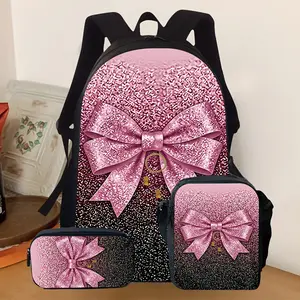 3pcs School Backpack Set for Girls, Glitter Pink Bow Print Backpack with Crossbody Bag & Pencil Case, Stylish Bookbag Combo for Daily Use
