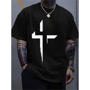 Men's All-Season Pure Cotton Crew Neck T-Shirt, with Patterned Cross Print - Casual Style, Short Sleeve, Regular Fit, Lightweight Stretch Fabric, Suitable for Daily and Weekend Wear, Four Seasons Clothing |       Modern appearance  short sleeve t-shirt