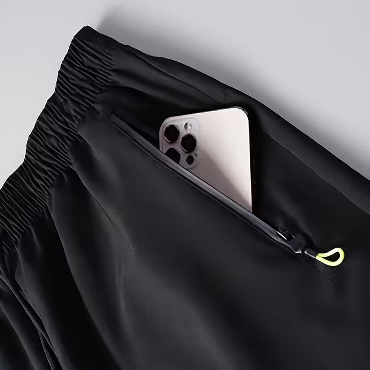 Pack of 4 men’s plus-size athletic shorts, loose fit, comfortable sports fabric, zippered pockets, solid color, slight stretch—ideal for night running, casual wear, beach trips, everyday commuting, and plus-size workwear.