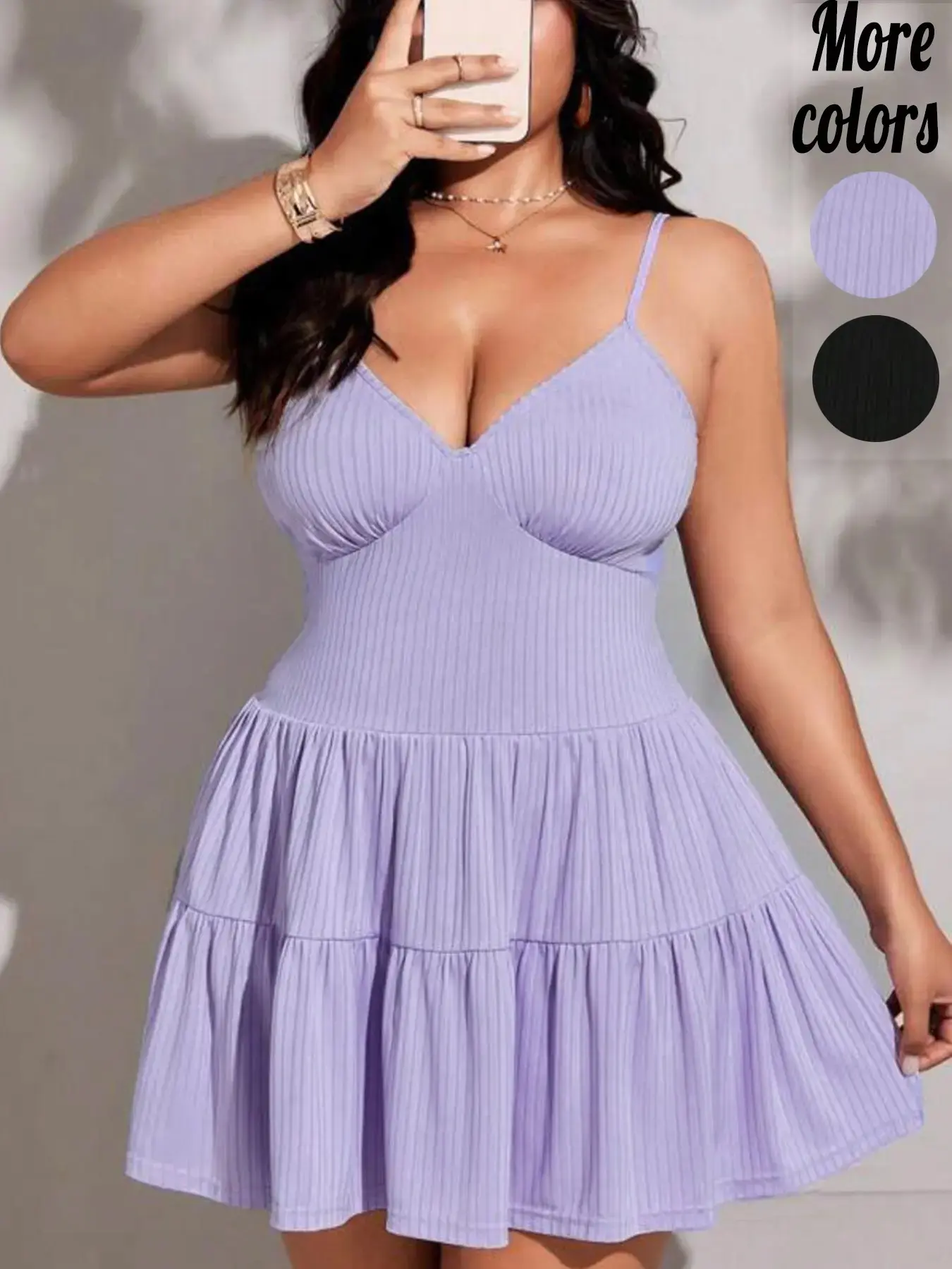 [Plus-Size]1 Piece Lavender Ribbed Spaghetti Strap Tiered Mini Dress, Flirty Vacation Style, Stretchy Slim-Fit Fabric & Double-Layer Ruffle Hem Detail, For Curvy Women , Perfect for Beach Getaways, Date Night & Brunch Outfits, Women's Plus-Size Tiered Dre