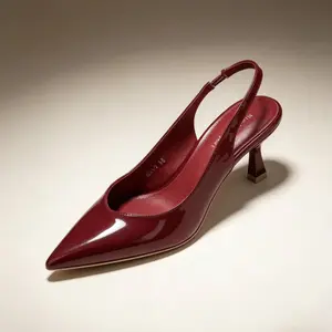 Women's Burgundy Pointed Toe Slingback Heels, Patent Leather Mid Heel Pumps, Elegant Backless Dress Shoes for Party Office