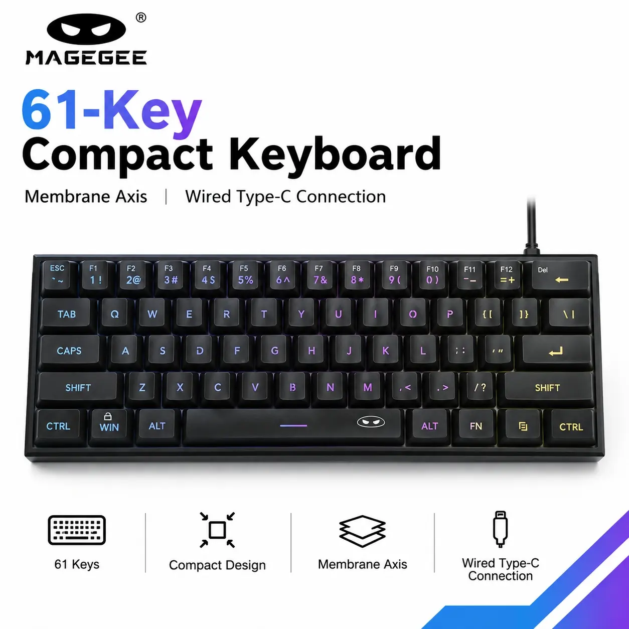 MageGee TS91 60% 61-Key Ultra-Compact RGB Backlit Membrane Wired Gaming Keyboard - Ergonomic -Resistant PC Accessory for Gamers, Home/Office (Black, Compatible with PC, Mac, PS4, Xbox 1)