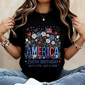Floral America 250th Birthday July 4 1776 July 4 2026 Print T Shirt White Casual Loose Fit Top For Everyday Wear And Outdoor Activities