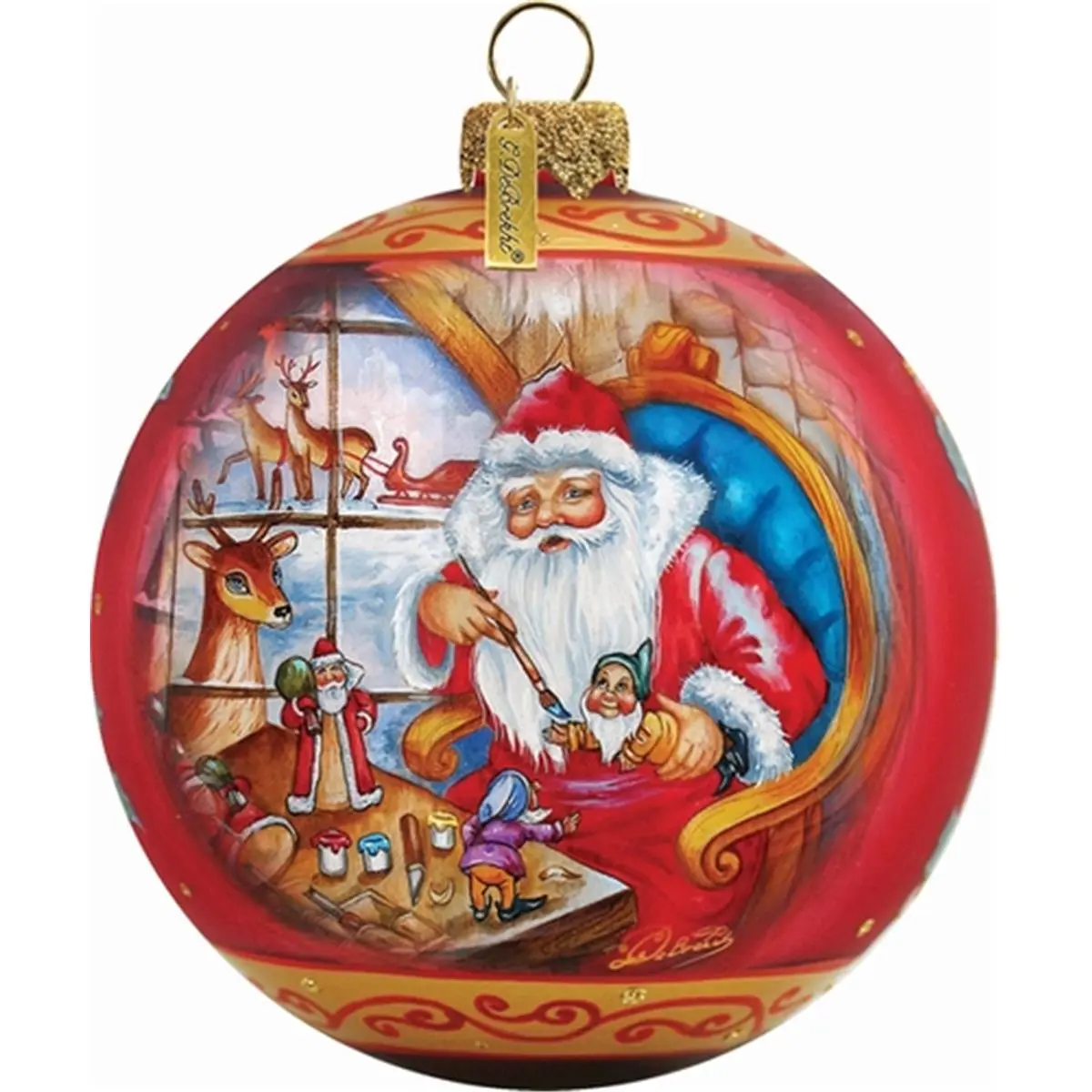 212 MAIN 3.5 in. Round Glass Santa Workshop Ball Ornament - Hand-Painted Holiday Collectibles, Iridescent Transparent Finish, Original Work of Art Mini Home Festive Decoration