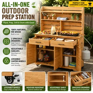 Large Wood Potting Bench with Storage Cabinet and Hutch Top Outdoor Kitchen Island Prep Cart with Lockable Wheels Drawers and Removable Shelves for Garden Planting Grilling Station Backyard Station