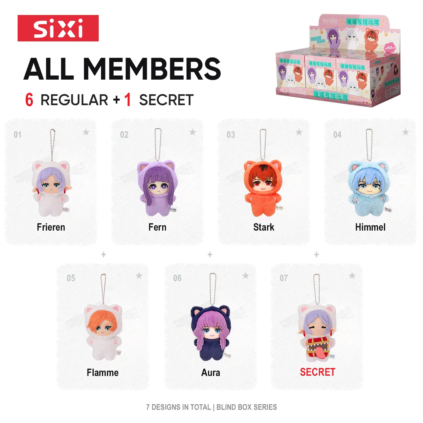 EAKI&SIXI Frieren Beyond Journey's End Plush Blind Box Keychain - 6 Regular +1 Secret Hidden Versions, Cute Cat-Hood Anime Plush Doll Bag Pendant, Collectible Ornament Gift for Anime Fans