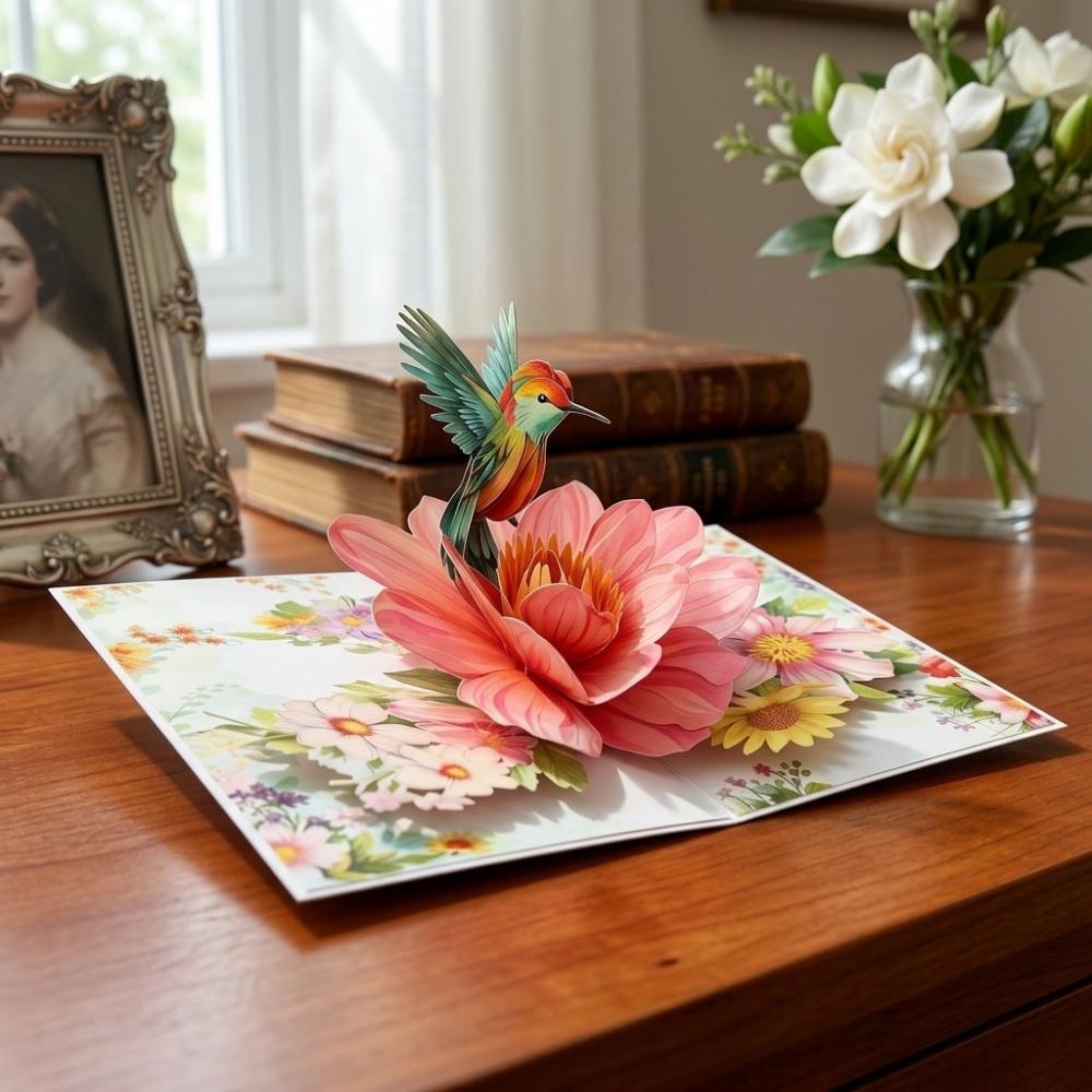 3D Pop Up Greeting Card, Handcrafted Hummingbird & Flower Popup Card for Birthday, Mother's Day, Anniversary, All Occasion Keepsake Card with Envelope