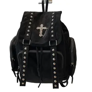 Gothic Vintage Rivet Backpack, Cross Chain Decoration, Punk Street Style, Casual Plain Design, All Seasons, Unisex Bag, Stud Bookbag