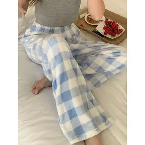 Plaid Pattern Fleece Straight Leg Loungewear Cozy Pants Fall,Winter Fluffy