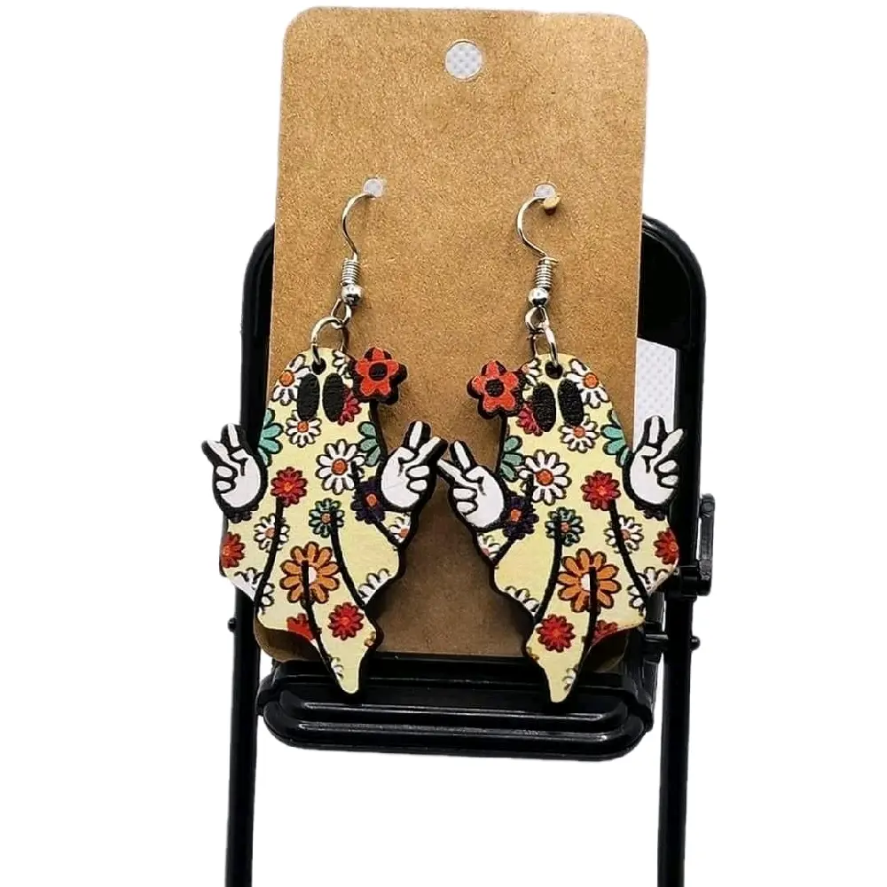 Wooden Hippie Ghost Earrings - Handcrafted, Wooden Material, Eco-Friendly, Hypoallergenic Hook Earrings for Sensitive Skin