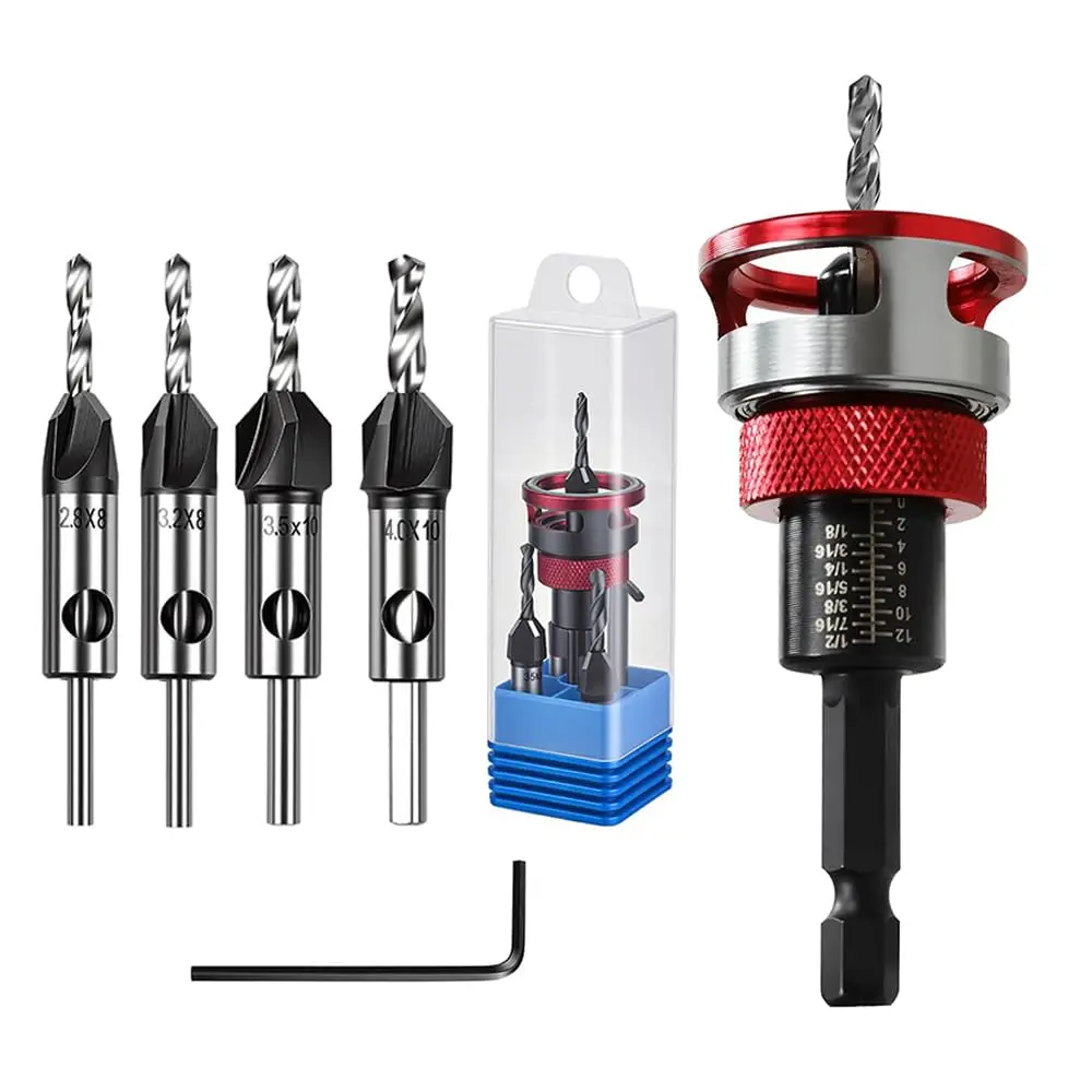 4PCS Adjustable Depth Stop HCS Four Blades Countersink Drill Bit Set | Countersink Bits with Adjustable Depth Stop, L Shape Wrench and S2 PH2 Screwdriver Bit for Wood, Plastic, Woodworking