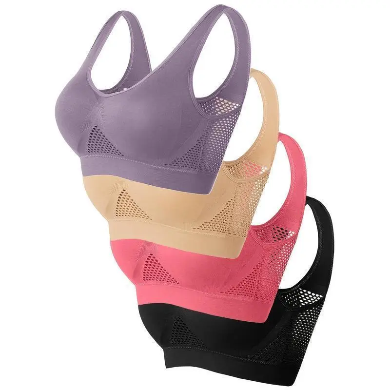 4pcs Women's Sports Bras - Wireless, Padded, Breathable Mesh with Racerback Design for Yoga, Fitness, Running - Pink, White, Purple, Black, Workout Accessories 4pcs Women's Sports Bras - Wireless, Padded, Breathable Mesh with Racerback Design for Yoga, Fitness, Running - Pink, White, Purple, Black, Workout Accessories