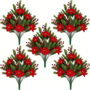 5-Pack Christmas Artificial Flower Decorative Bouquet with Realistic Red Berry Stems, Pine Cones, and Pine Needles, Suitable for Christmas Vases, Table Centerpieces, Great Choice for Christmas and Holiday Season Winter Decorations, Faux Bouquets