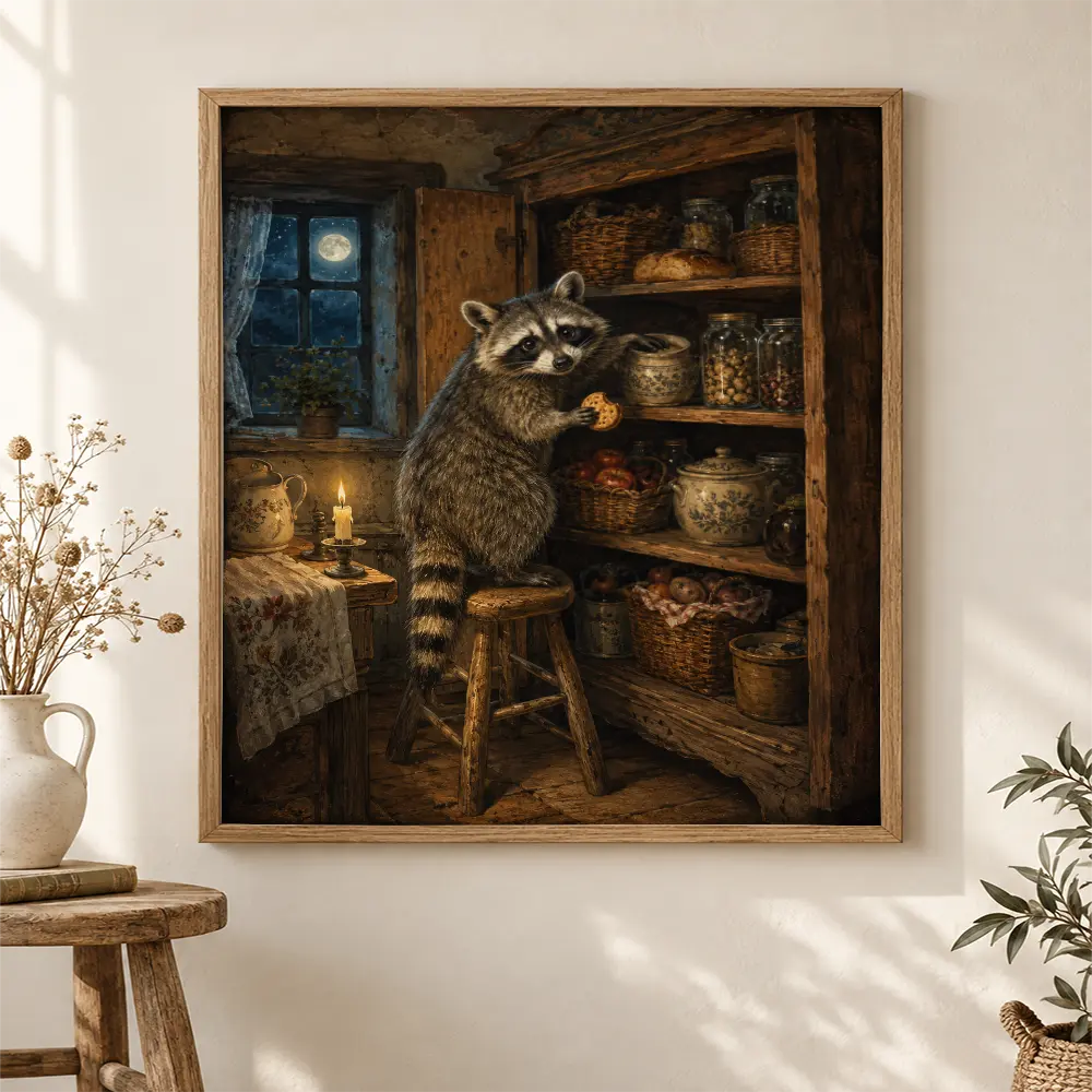 Raccoon Midnight Snack Poster, Vintage Cottagecore Pantry Wall Art, Rustic Storybook Animal Illustration, Cozy Country Kitchen Decor with Candlelight, Wooden Shelves, Cookie and Moonlit Cottage Scene