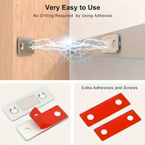 No Drill Magnetic Door Catch, Stainless Steel Magnetic Cabinet Latch with Extra Adhesives & Screws, Adhesive Mount Magnetic Door Closer for Cabinets, Drawers, Closets & Doors – Ideal for Home & Kitchen Organization, Door Hardware