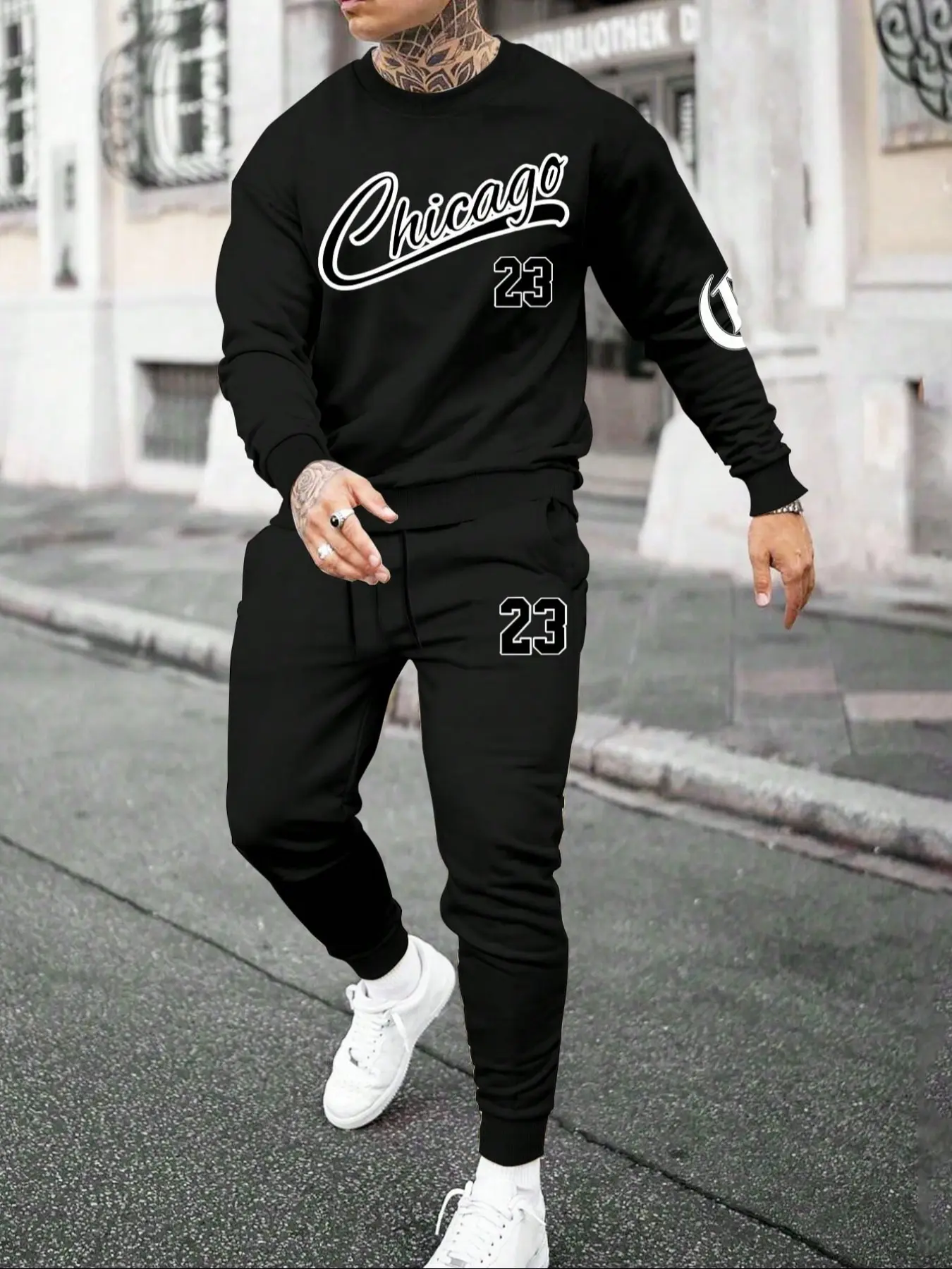 Men's Fall Winter 2 Piece Casual Tracksuit Outfit, Vintage Chicago 23 Cursive Letter Number Graphic Crewneck Sweatshirts Pullover Sweatshirt Long Sleeve Elastic Drawstring Cuff Jogger Sweatpants Basketball Streetwear Matching Sweat Set