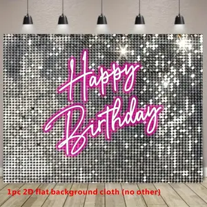 1pc Silver Sequined Birthday Backdrop Pink Neon Disco Style Multiple Sizes Vinyl Material Featuring Happy Birthday Design Perfect for Sweet 16 18 20 30 40 Celebration Photos Party Deco