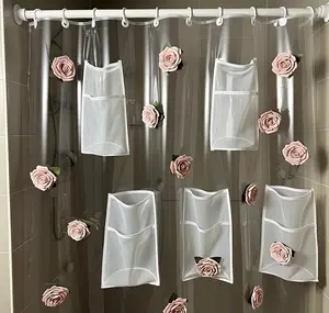 Clear shower Curtain with Mesh Pocket & Faux Blush Pink Roses - Romantic Soft Faux Flowers, Waterproof, Unique Gift organizer for toiletries and Accessories