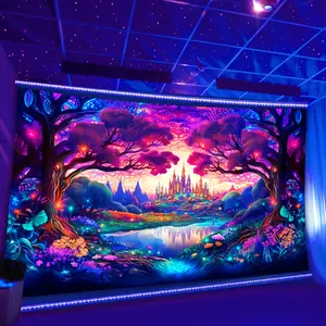 Forest Pattern Fluorescent Decoration Hanging Tapestry - Castle Colorful Aesthetic for Bedroom, Office, Living Room & Home Decor with Free Accessories.