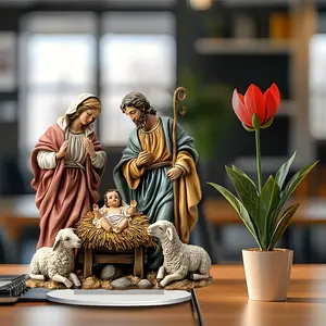 [New Year Gift Gift] Birth Day Acrylic 2D Desktop Mini Sculpture with Holy Family and Sheep for Home Decor Festive Table Centerpiece