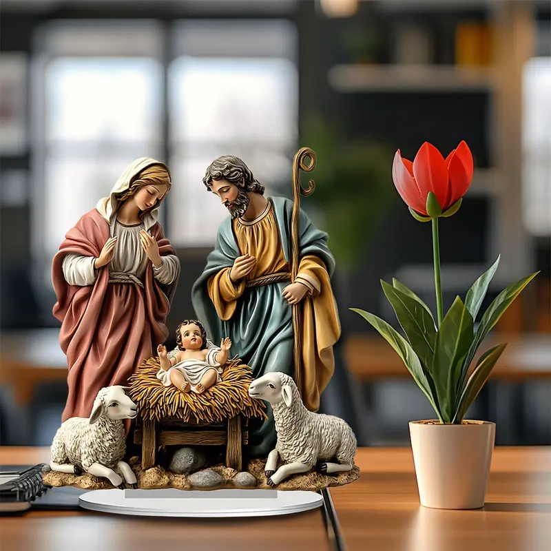 [New Year Gift Gift] Birth Day Acrylic 2D Desktop Mini Sculpture with Holy Family and Sheep for Home Decor Festive Table Centerpiece