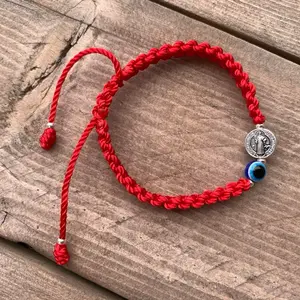 Saint Benedict Red String Bracelet with Evil Eye Bead, 6 Inches Long, Adjustable Closure, Durable Nylon, Casual Accessory for Daily Wear