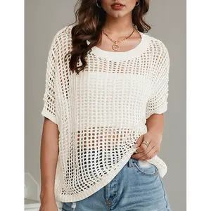 Womens Crewneck Tops Oversized Short Sleeve Mesh Knit Casual Sweater Shirts Beach Swimsuit Swim Cover Sexy Trendy Knitwear Cozy Basic Loose Womenswear
