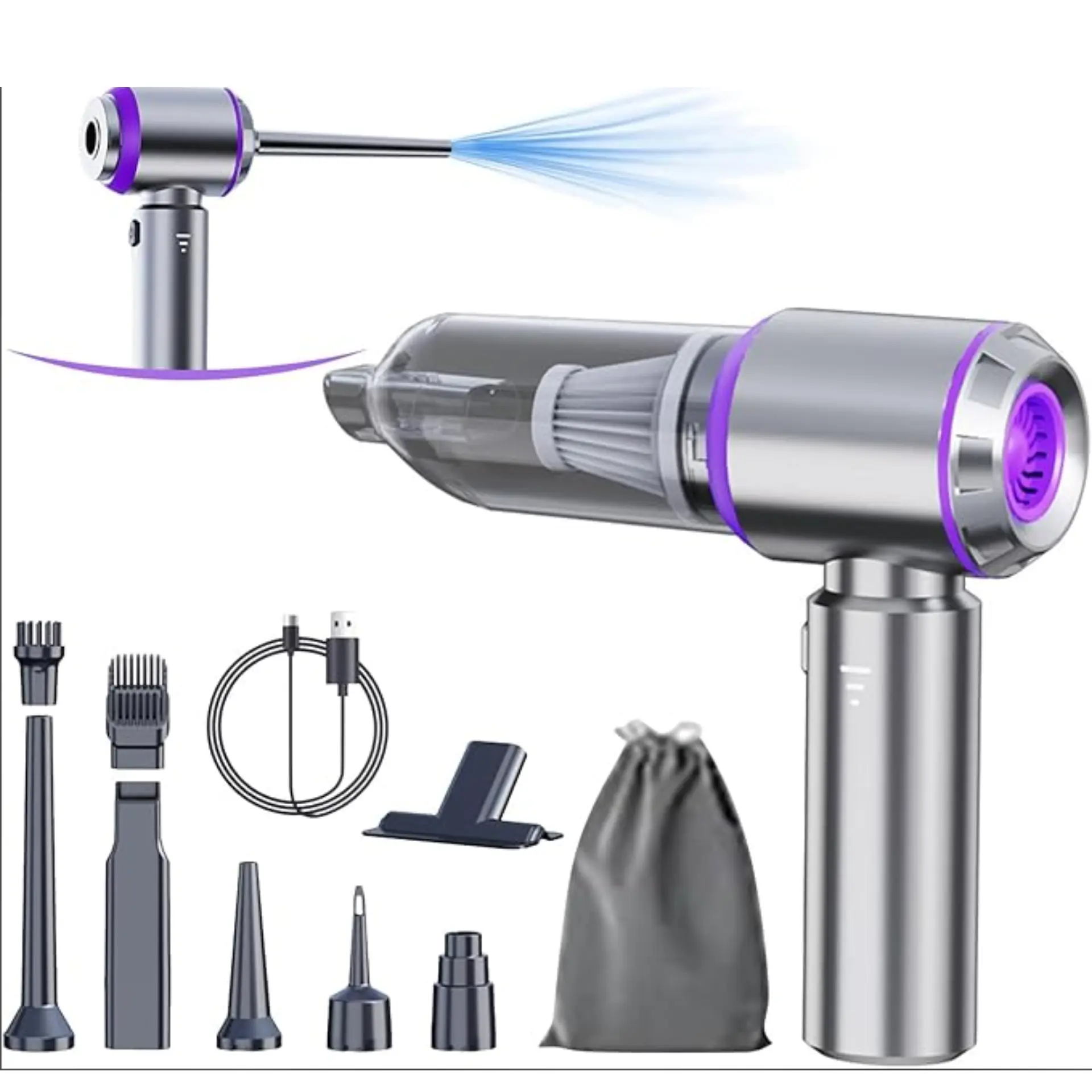 4 In 1 Portable Compressed Air Duster 15000 Pa Vacuum Cleaner Cordless Car Cleaning Tool for Car, Pet Hair and Home Cleaning - Christmas Gift!