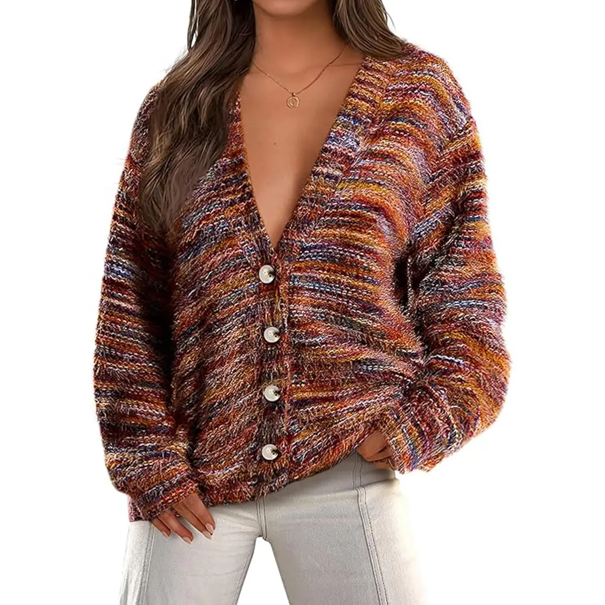 PrettyGarden Womens' V Neck Button Down Fuzzy Cardigan Fall Striped Long Sleeve Knit Soft Outerwear Trendy Clothes, Comfy Womenswear#Falltok