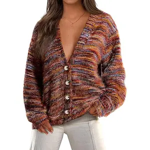 PrettyGarden Womens' V Neck Button Down Fuzzy Cardigan Fall Striped Long Sleeve Knit Soft Outerwear Trendy Clothes, Comfy Womenswear#Falltok