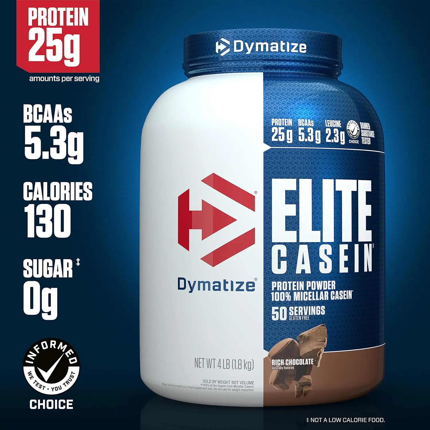 Dymatize Elite Casein Protein Powder, Chocolate, 100% Micellar Casein, 25g Protein, 5.4g BCAAs, 2.3g Leucine, Slow Absorbing for Overnight Muscle Recovery, 4 lb (50 Servings), Fitness, Supplement