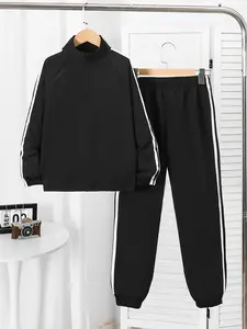 Big Boys Outfit Classic Sporty 2-Piece Set Raglan Sleeve Stand Collar Half-Zip Jacket + Side-Striped Track Pants Set 2Pcs Fall Winter Clothing 8-12Y Black,Ready Stock 42508028
