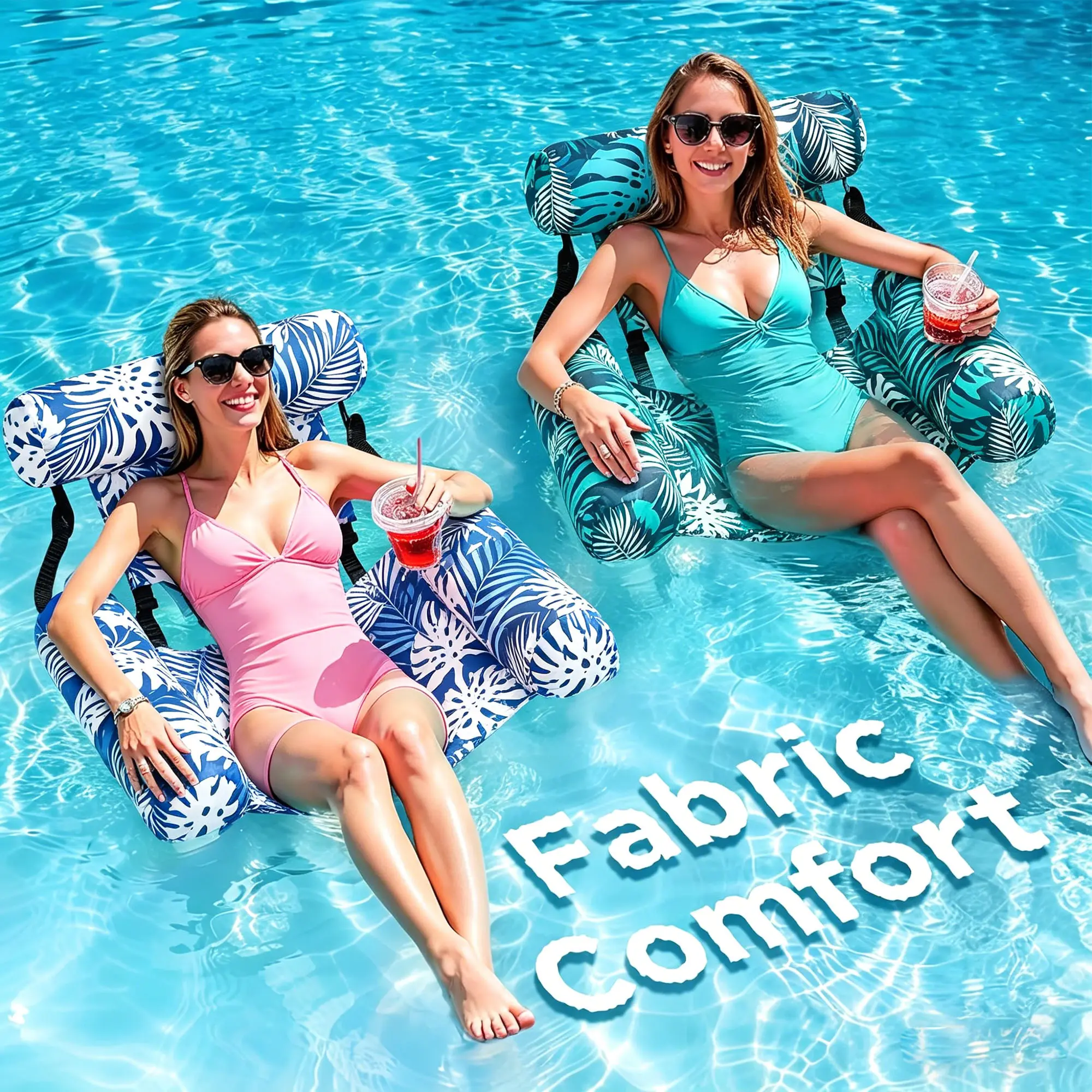 2 Pack Adult Floating Water Hammock Chairs, Foldable Pool Lounge Seats with Supportive Backrest and Breathable Mesh Center for Swimming Pools, Beaches, Lakes and Summer Vacation
