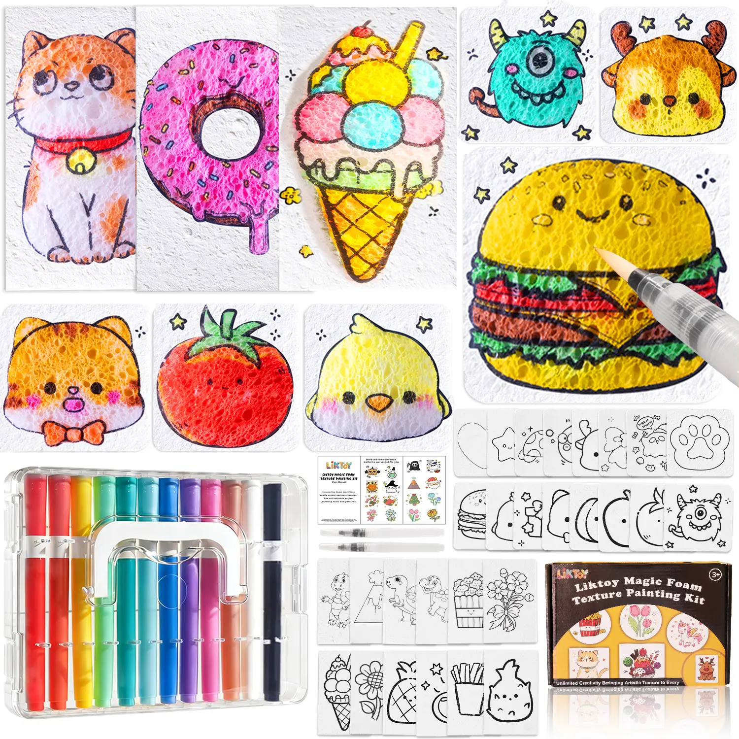 Liktoy 44 Pcs Magic Foam Texture Painting Kit, Including 28 Pcs Foam Texture Paper,  12Colors Brush Tip Acrylic Paint Markers, Magical 3D Effect Painting Kit  Valentine's Day Christmas GIft