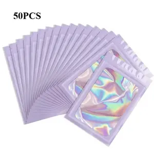 50 Thick Odor-Resistant Aluminum Foil Bags 9x12cm, Laser Colorful Holographic Plastic Reusable Sealed Bags with Transparent Window, Magic Packaging Bags