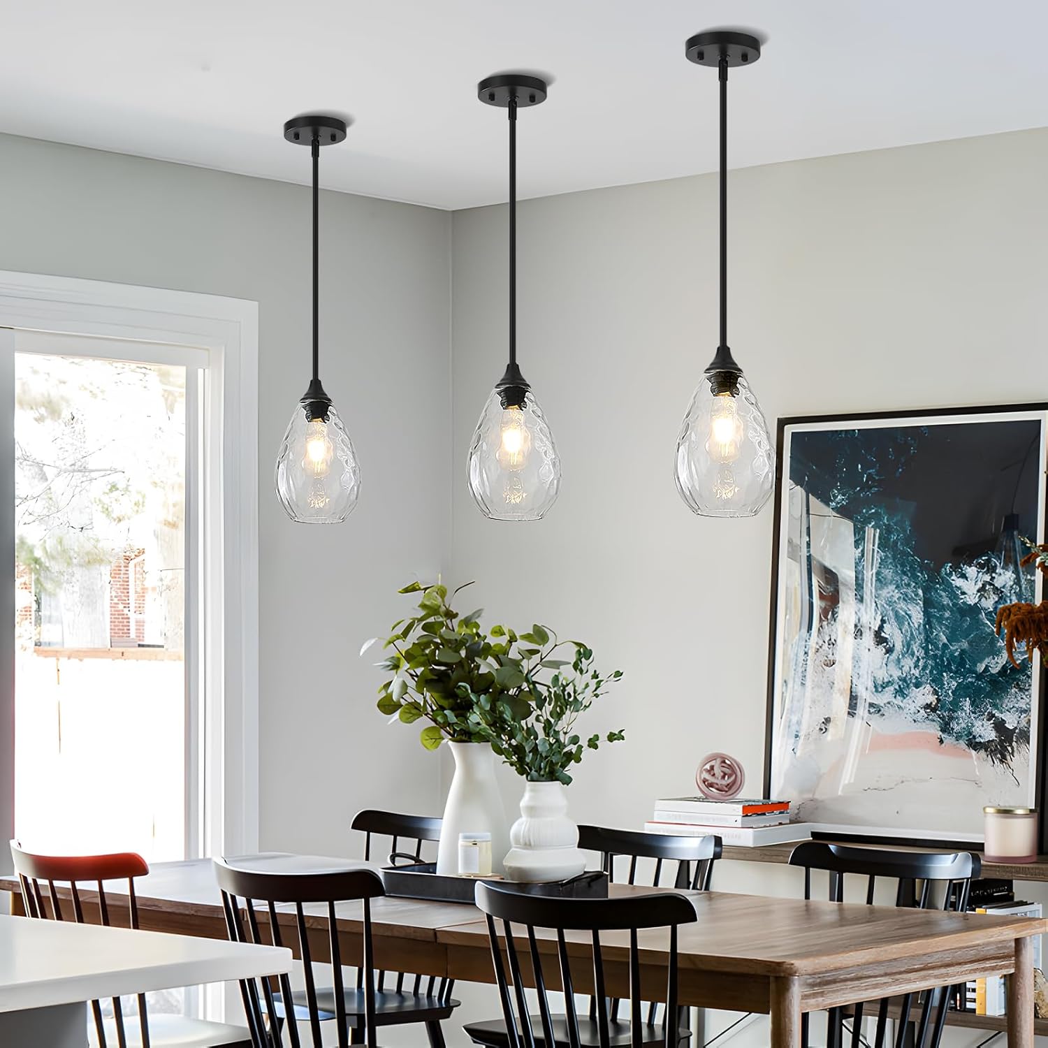 Glass Pendant Lights Kitchen Island, 1-Light Modern Black Fixtures with Hammered Glass & Rods Small Hanging Light for Kitchen Sink Dining Room Bathroom