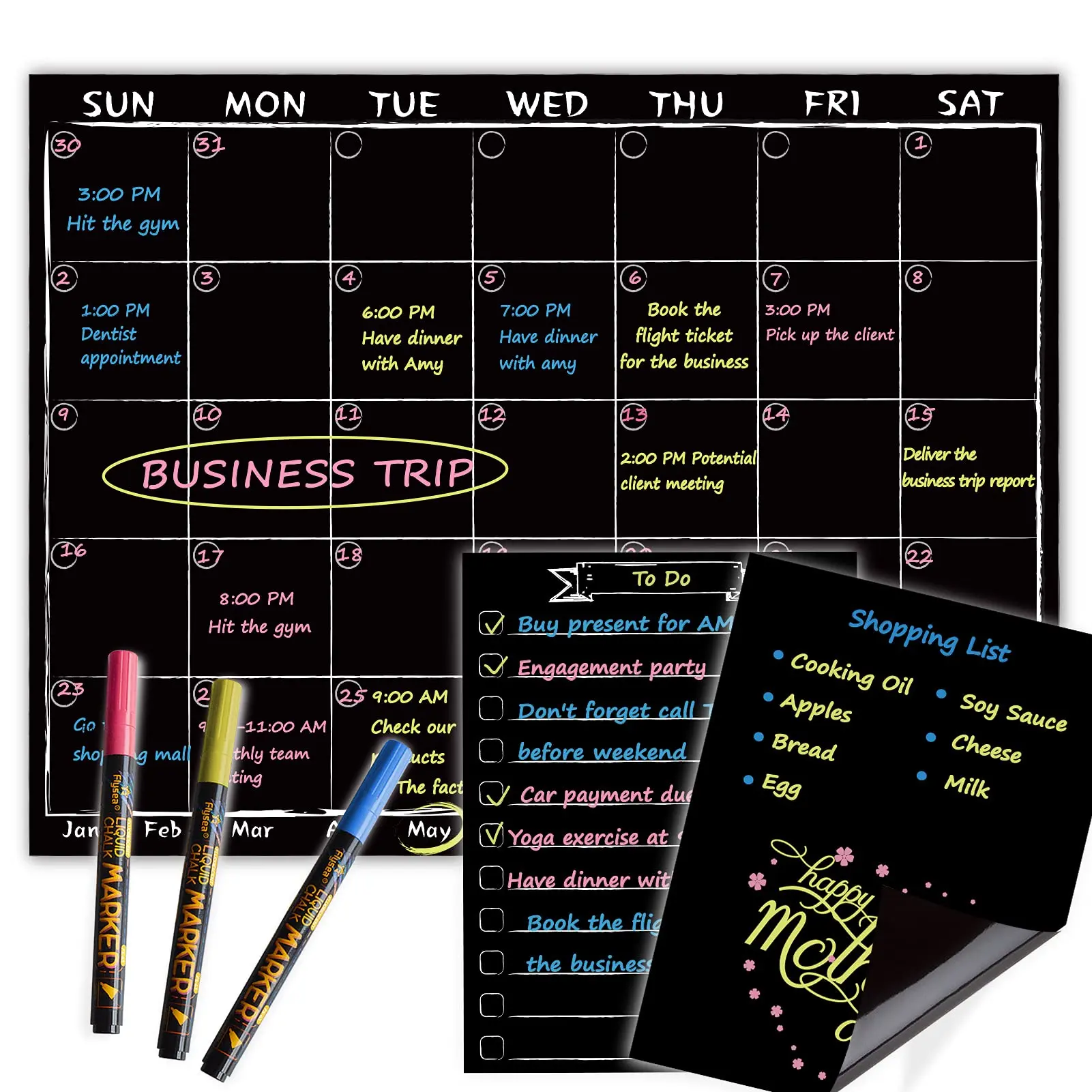 Magnetic Chalkboard Monthly Calendar With Neon Bright Liquid Chalk Markers - Black Refrigerator Planning Board W/bonus Grocery List And Notepad For Kitchen